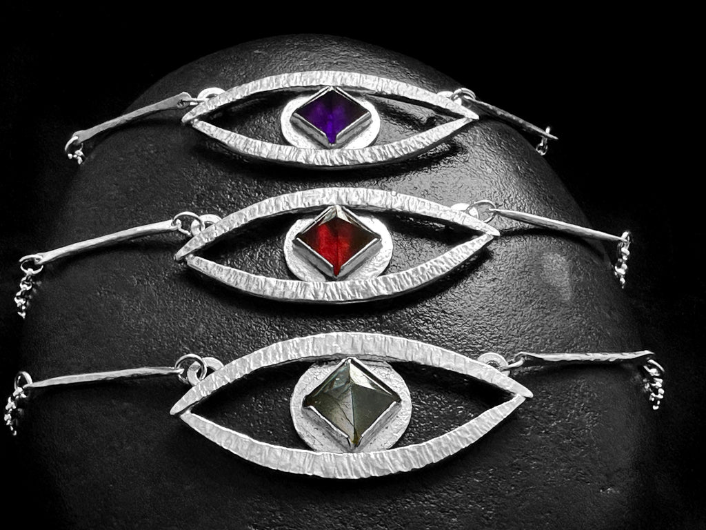 Divining Eye handcrafted silver pendant with amethyst, red garnet and labradorite